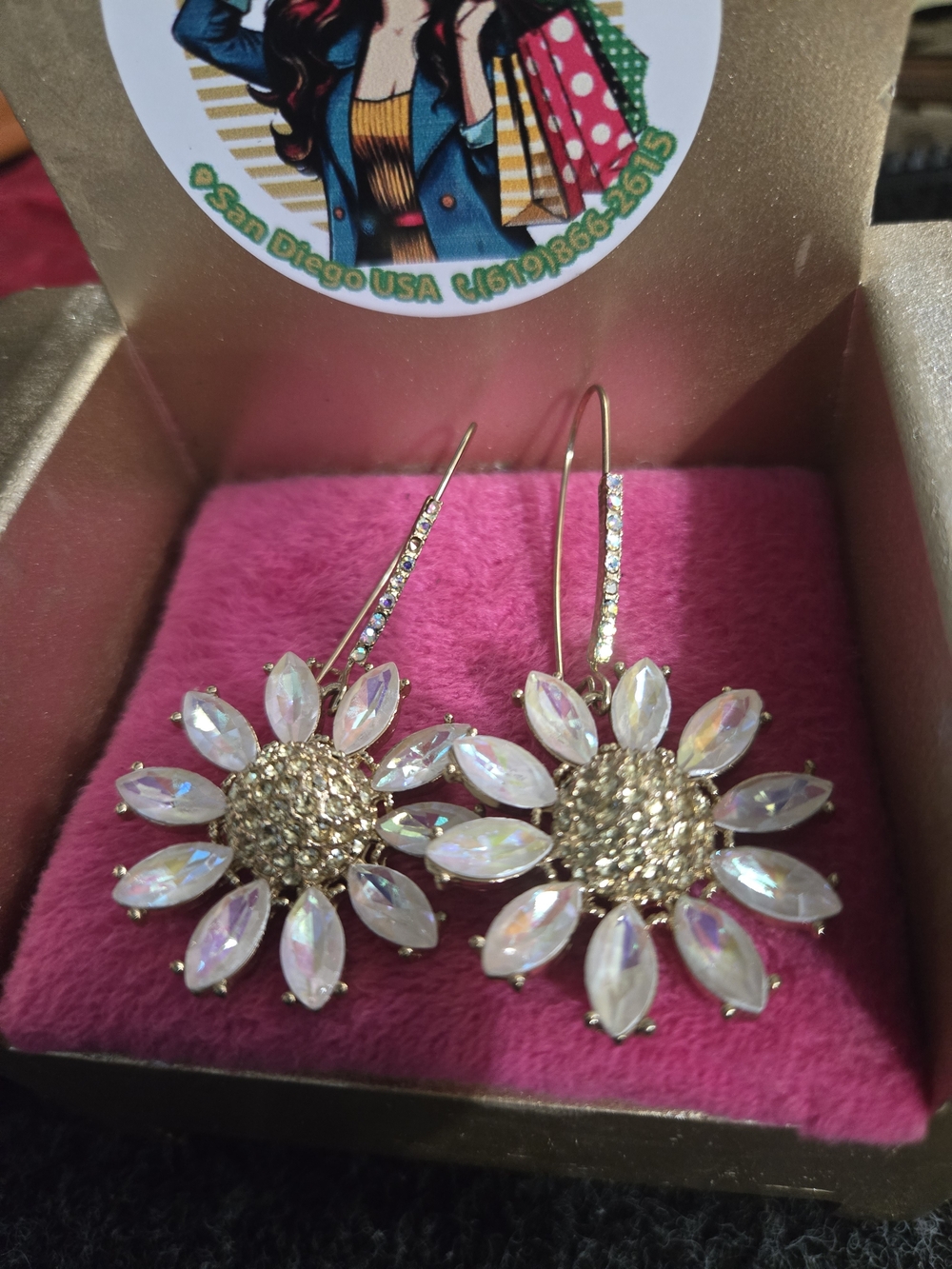 Betsey Johnson Gold Daisy Drop Earrings with Iridescent Stones